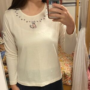Cream Cat Print Long Sleeve Top Grandma Cute paw prints and yarn embroidery